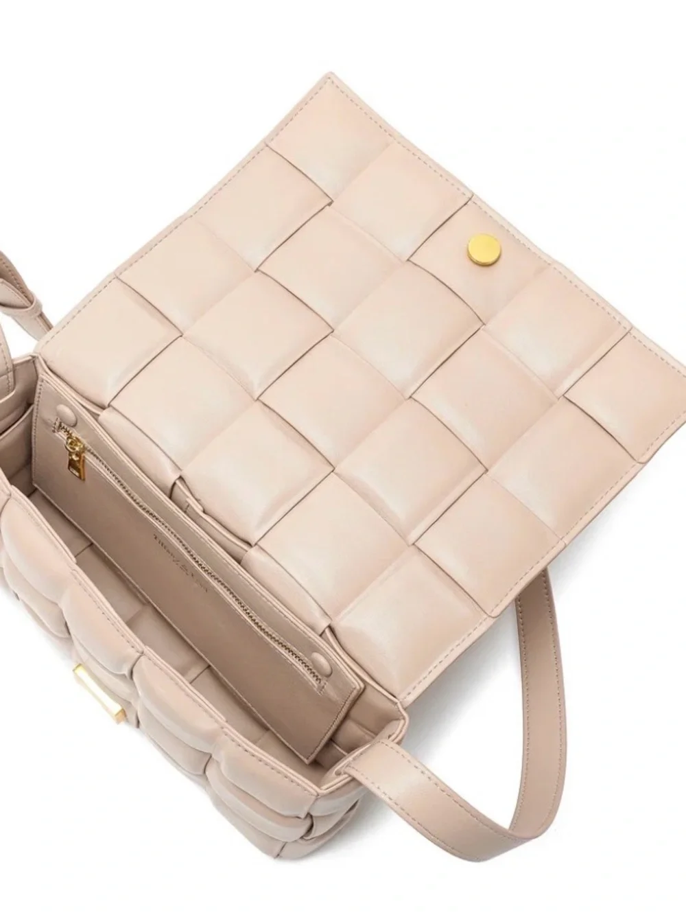 Full-Grain Woven Lambskin Leather Puffy Bag Quilted Crossbody Bag in Blush Pink